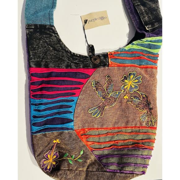 Purple Hobo Handbags - Purple Hobo Shoulder Bag Multicolor Birds Flower Hippie Boho NWT Festival